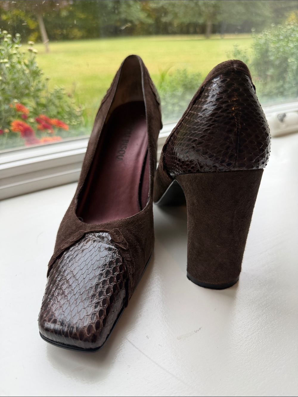 Vintage Bisou Bisou Dark Brown Suede Pumps with Snakeskin Toe